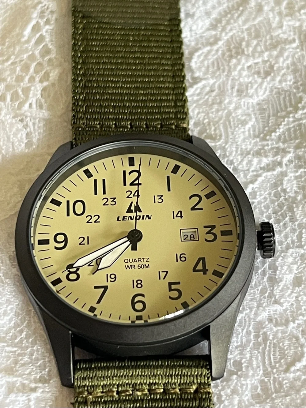Men's Khaki Dial Quartz Watch with Green Nylon Strap